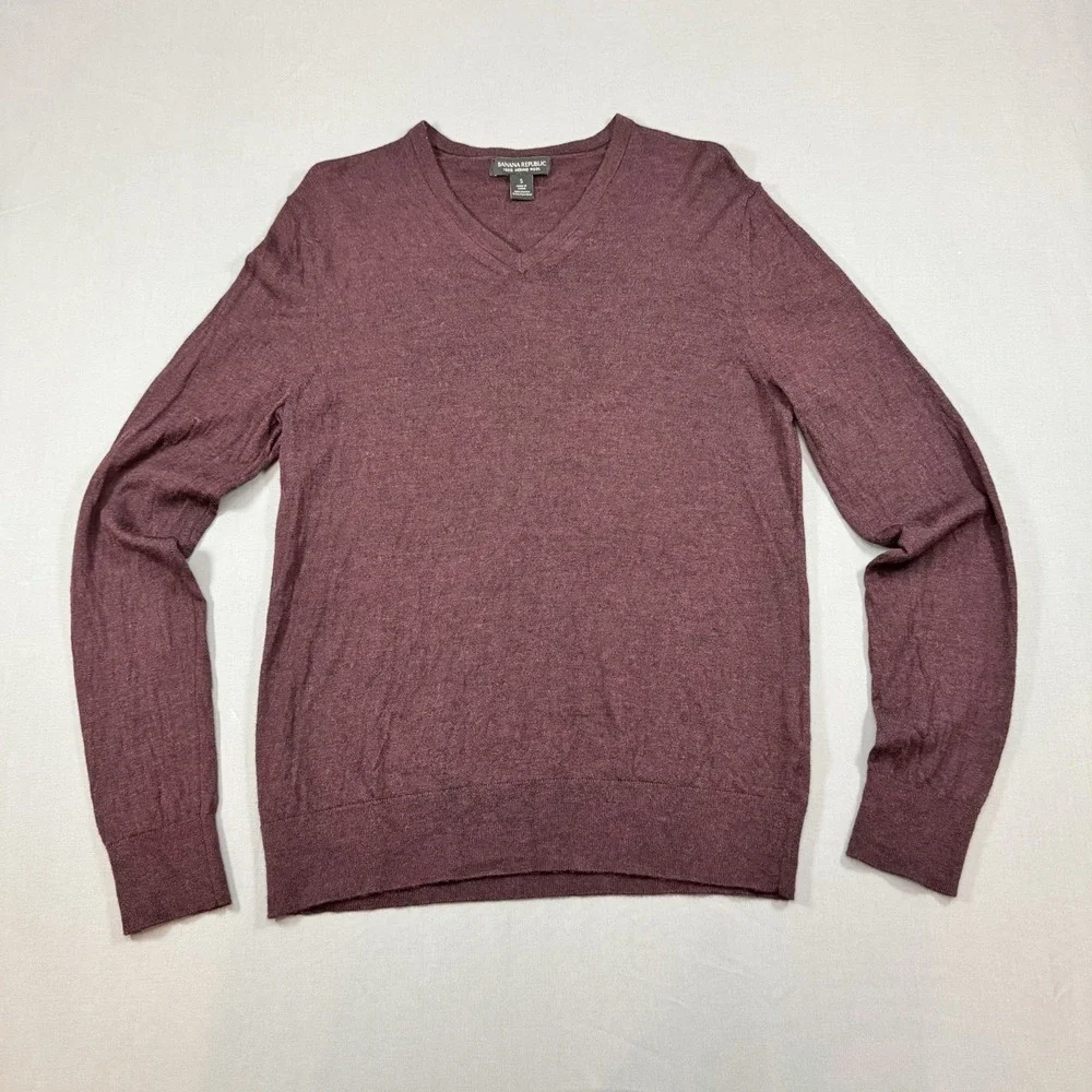 Banana Republic Men's Merino Wool Burgundy V-Neck Pullover Sweater Size S